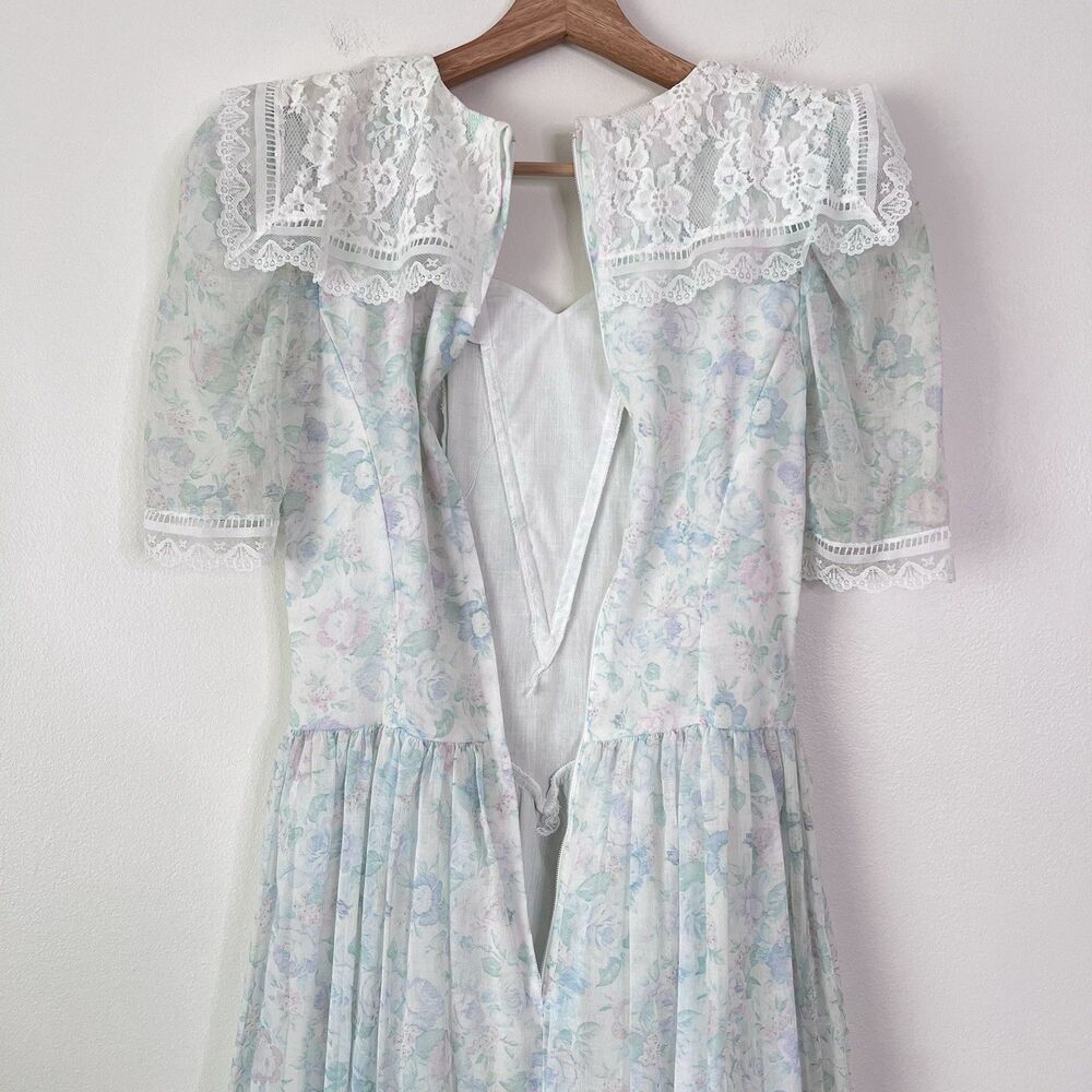 Vintage 80s Gunne Sax Jessica McClintock Pastel Floral Prairie Cottagecore Dress - Picture 9 of 14